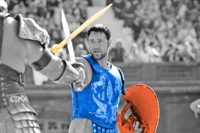 Russell Crowe in a combat scene from "Gladiator"